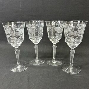 Fostoria "Midnight Rose" Etched Water‎ Goblets, Vintage 1933, Set of 4